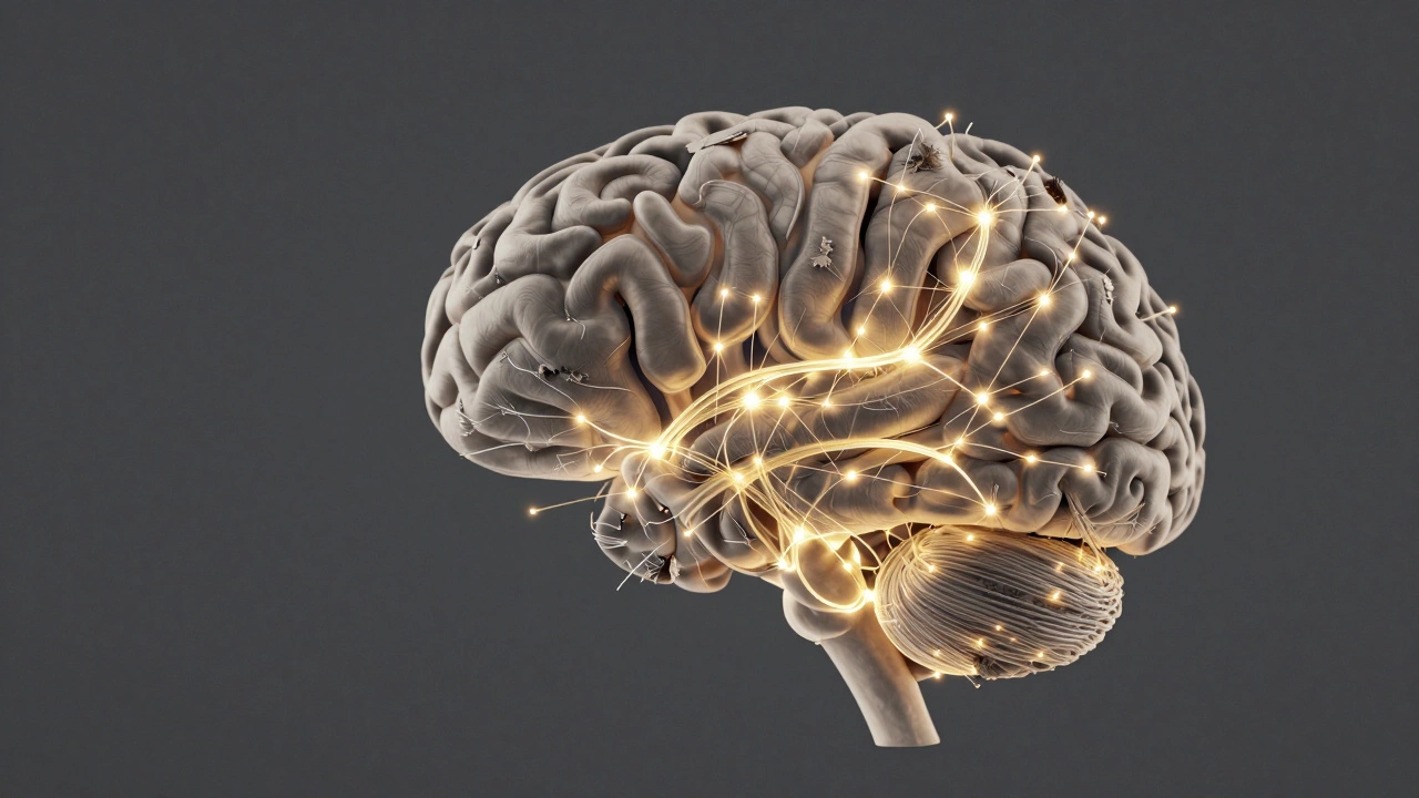 A stylized brain silhouette with glowing golden neural pathways forming, representing healing and growth.