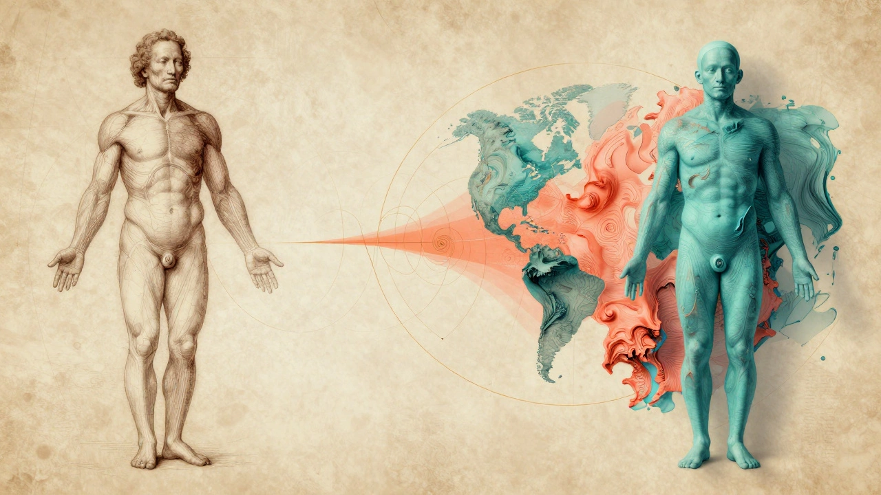 Anatomical sketch merging with a digital 3D body contour map with golden ratio spirals.