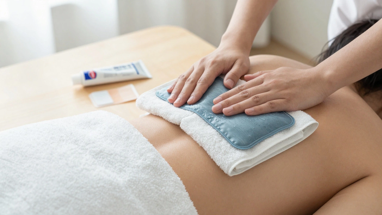 Close-up of a cold compression pack on a lower back next to topical nerve pain creams.
