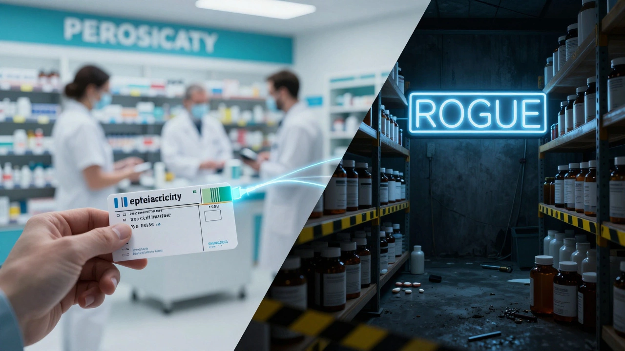 Comparison between a secure digital pharmacy system and a dark, illegal medication warehouse