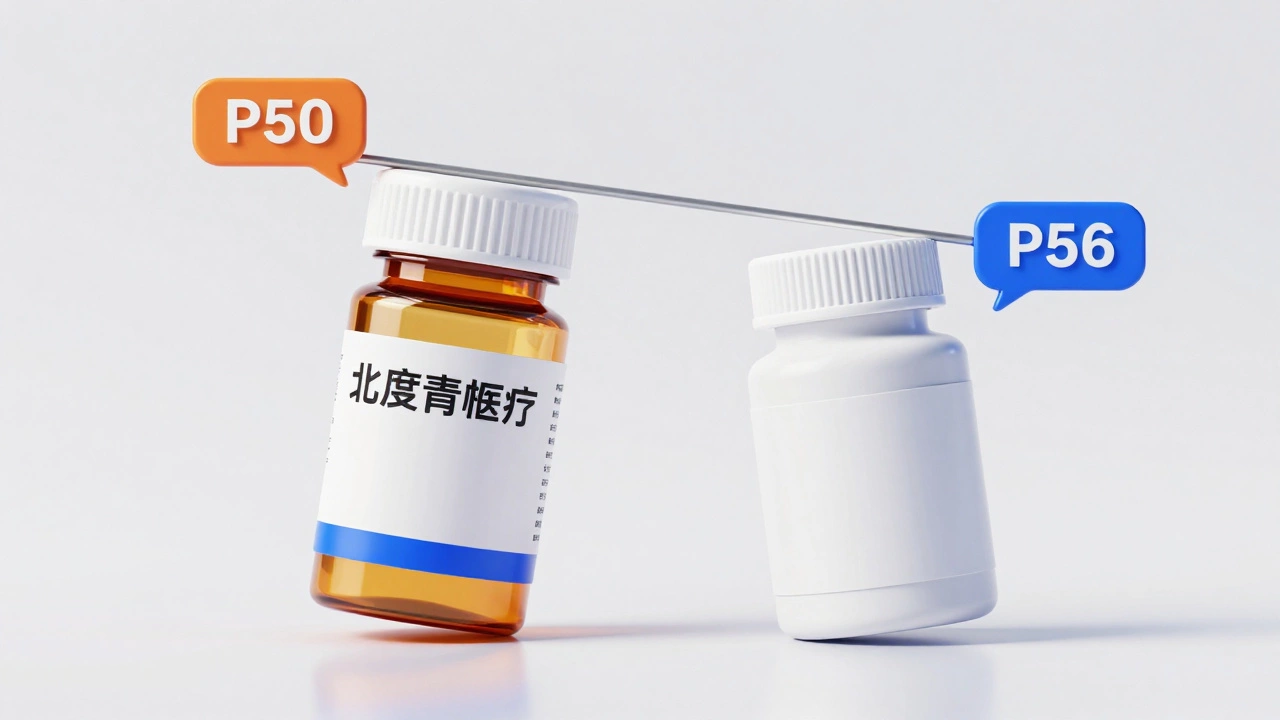 Comparison of a brand-name medication bottle and a generic version with price tags.