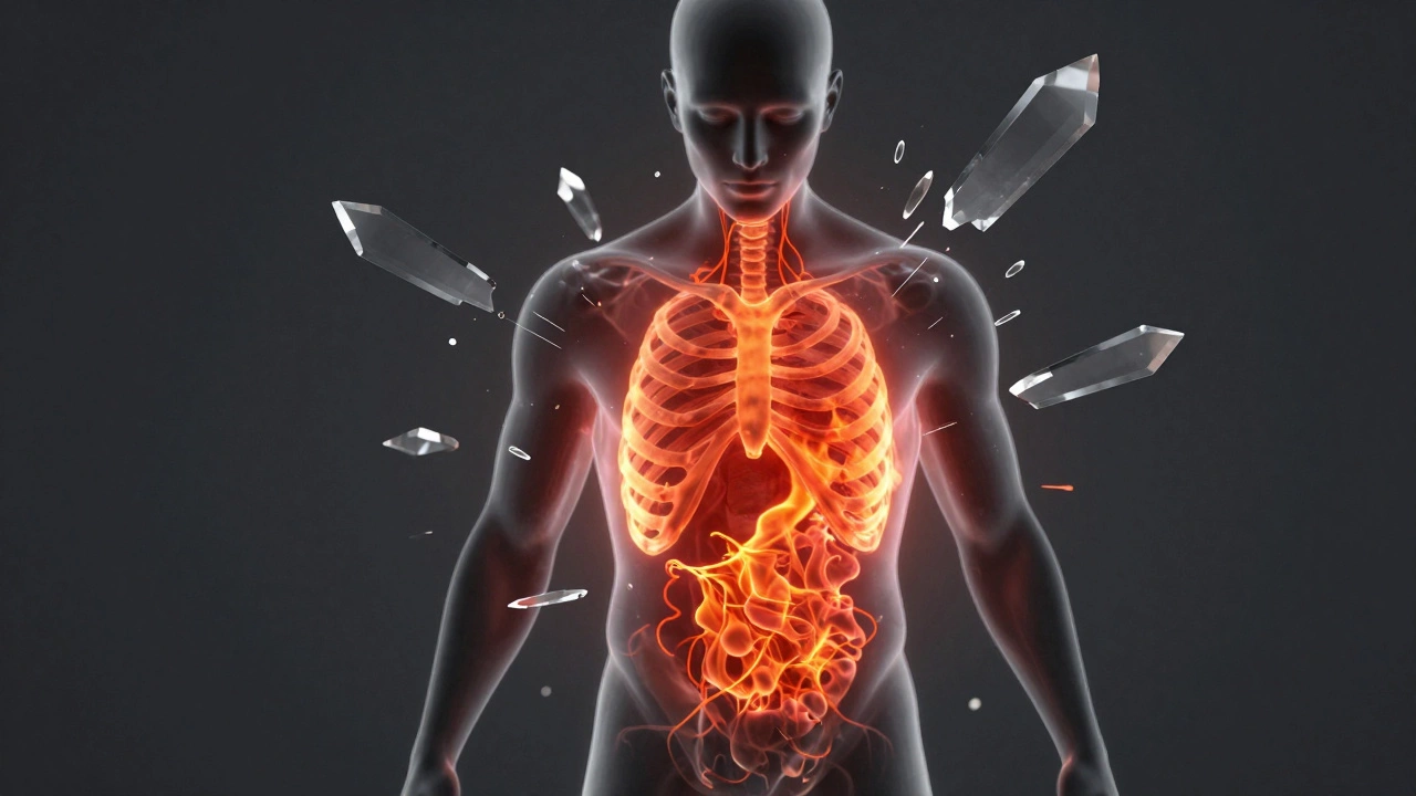 Conceptual art of a human silhouette with glowing red areas showing internal surgical pain.