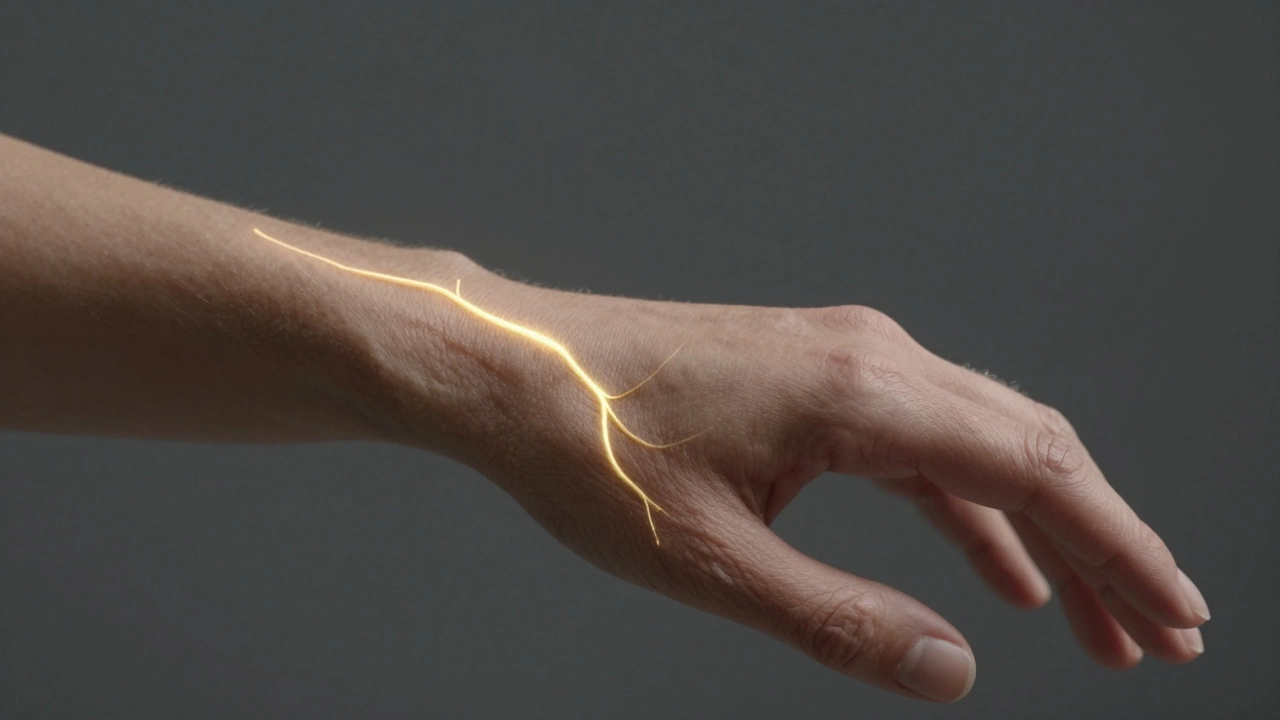 Conceptual image of a golden glowing line representing a nerve regrowing from a wrist to fingertips