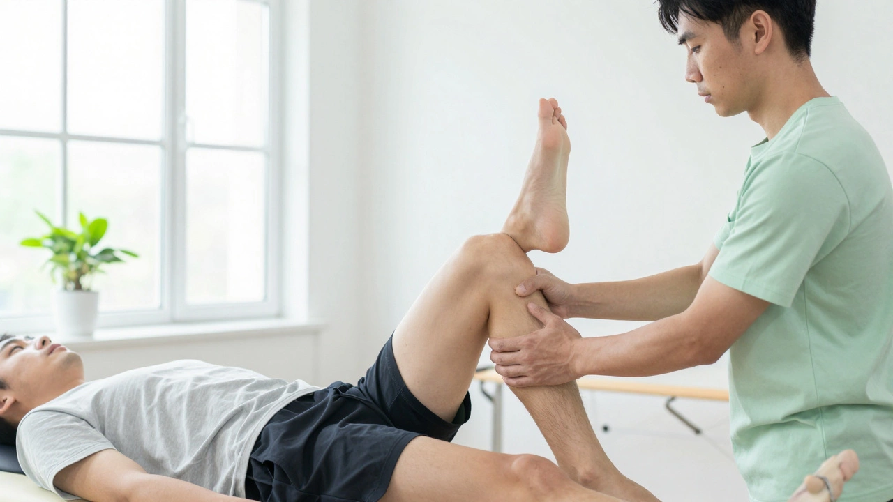 Patient undergoing guided leg stretching with a physical therapist in a bright, modern clinic