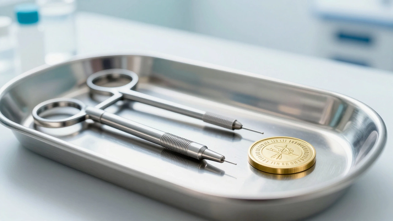 Surgical instruments and an official certification seal on a silver tray in a sterile clinic.