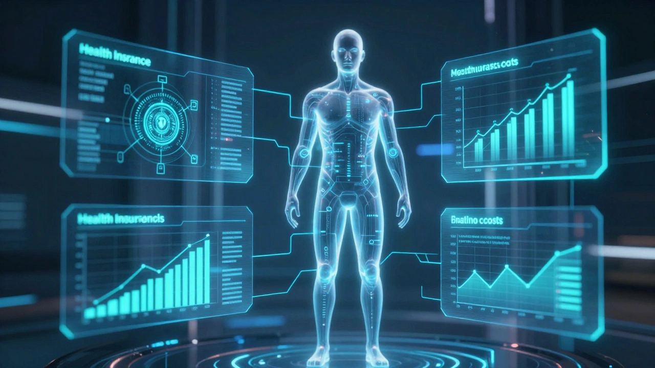 Abstract visualization of AI and data analytics driving health insurance premiums.