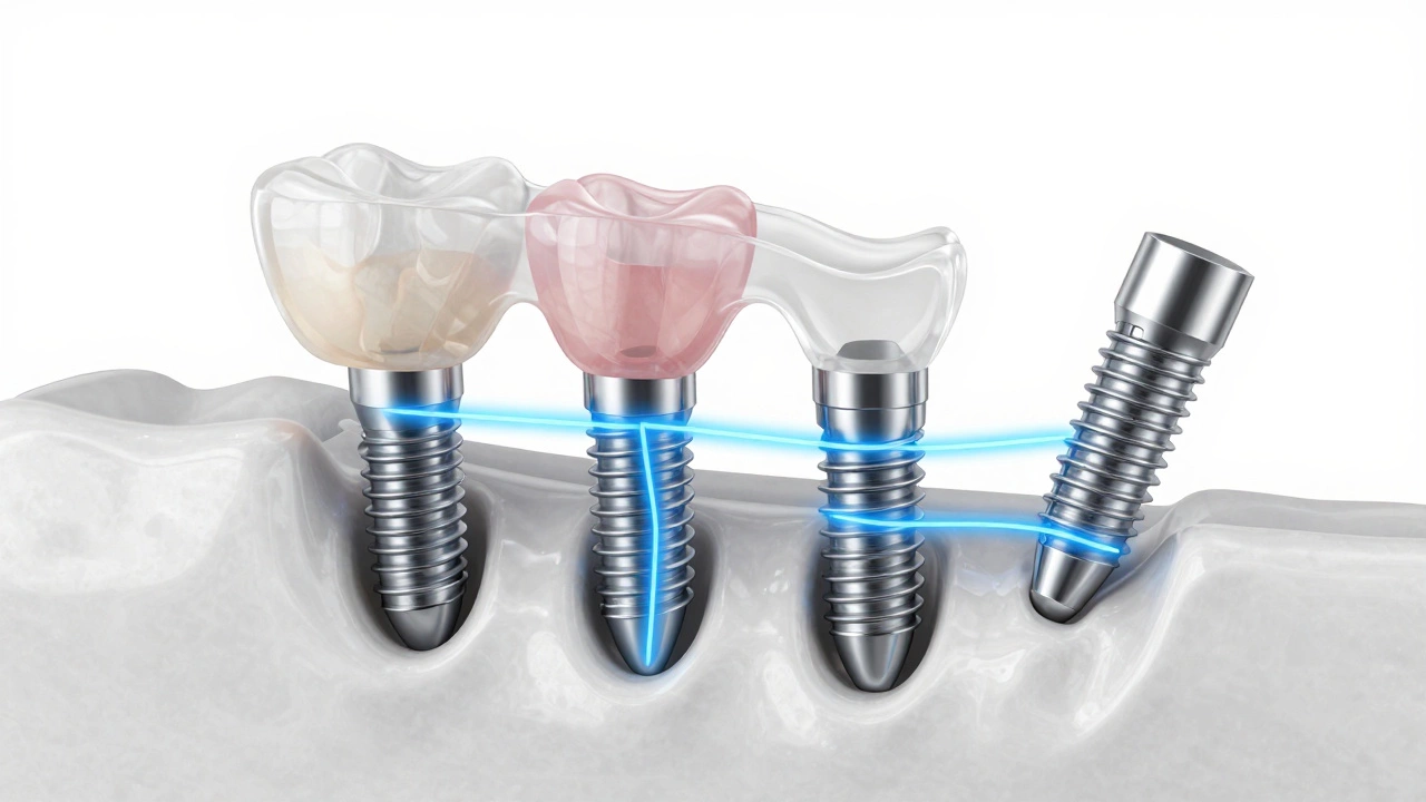 Cross-section diagram showing four angled dental implants in a jawbone.