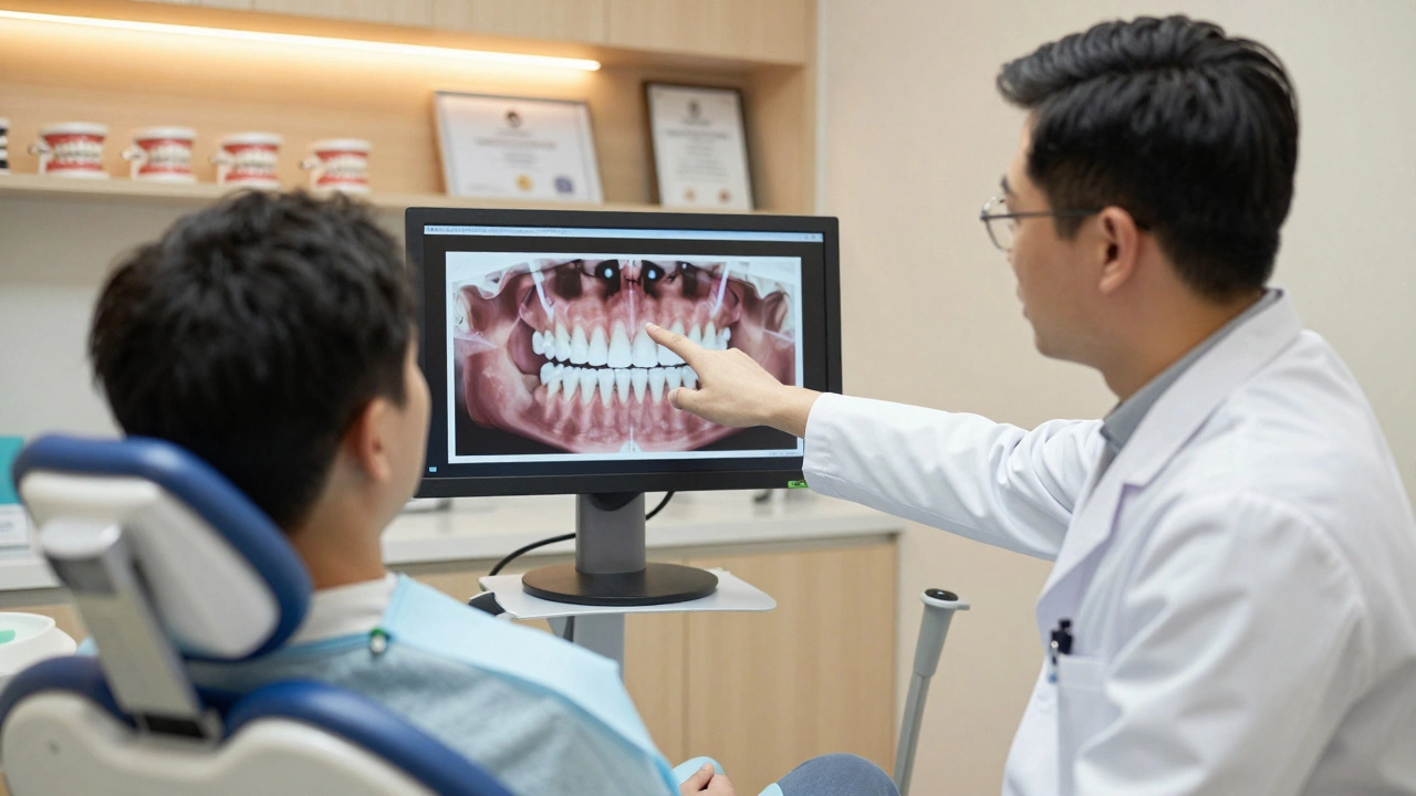 Dentist reviewing jaw scan with patient in UK clinic
