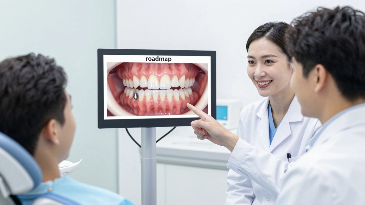 Dentist showing patient a digital model of a successful implant restoration