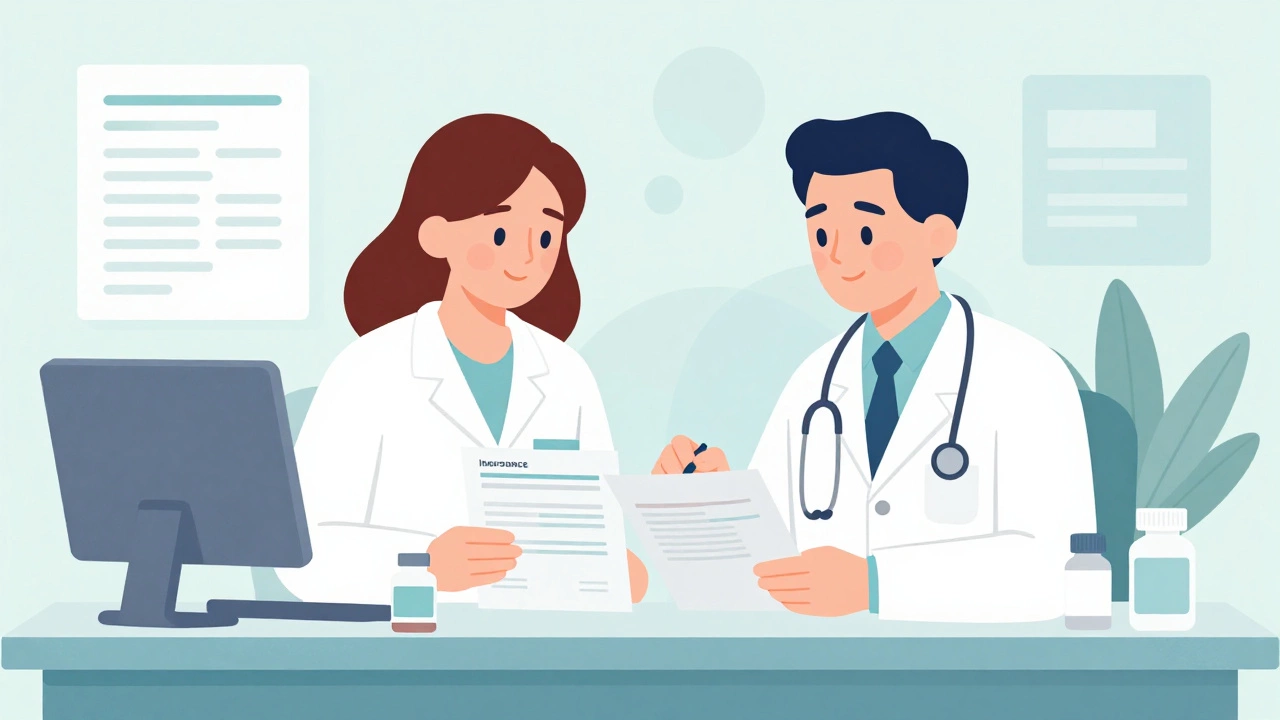 Doctor and pharmacist discussing medication costs