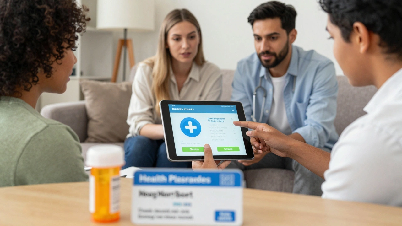 Family reviewing health costs and options on a tablet together