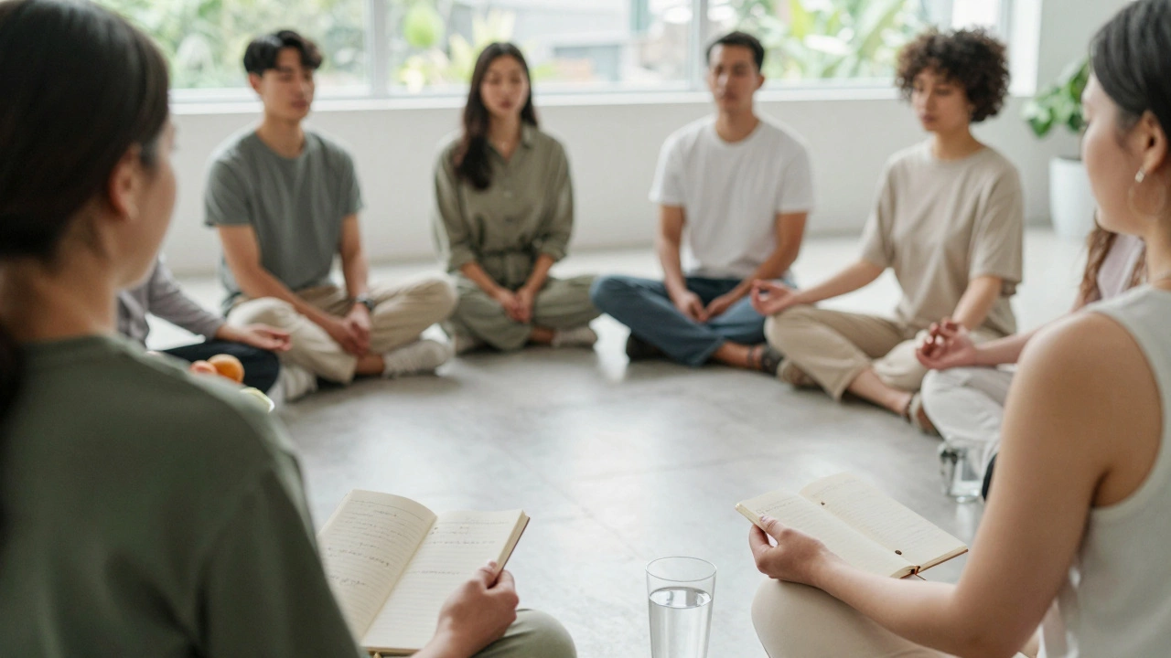 Group therapy session showing mindfulness and community support for pain management.