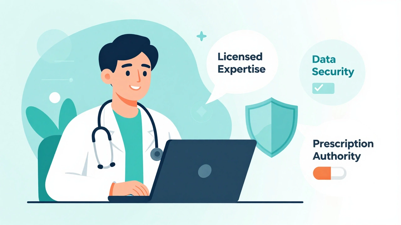 Illustration of doctor video call with icons for security and expertise