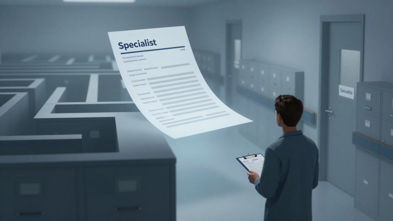 Metaphorical image of a referral letter lost in bureaucratic maze