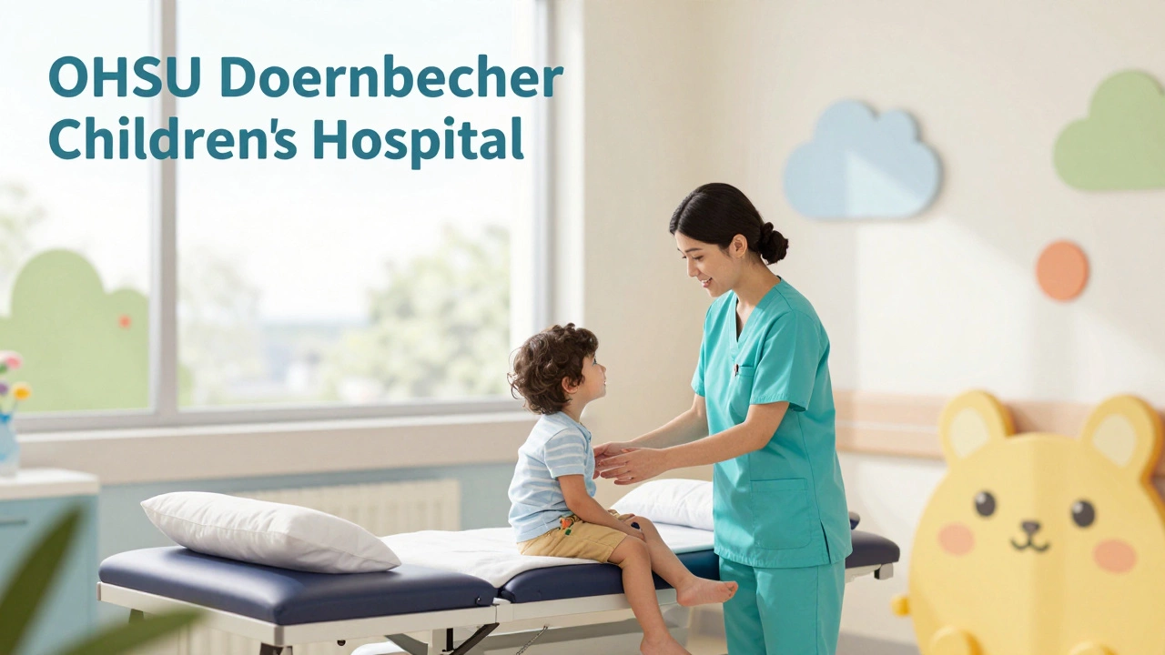 Pediatric nurse comforting a child in a brightly lit, cheerful hospital room