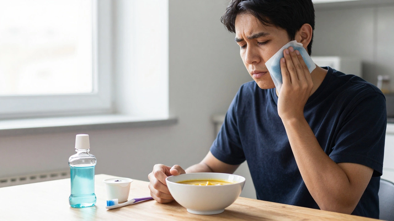 Person eating soft food and using an ice pack after dental implant surgery.