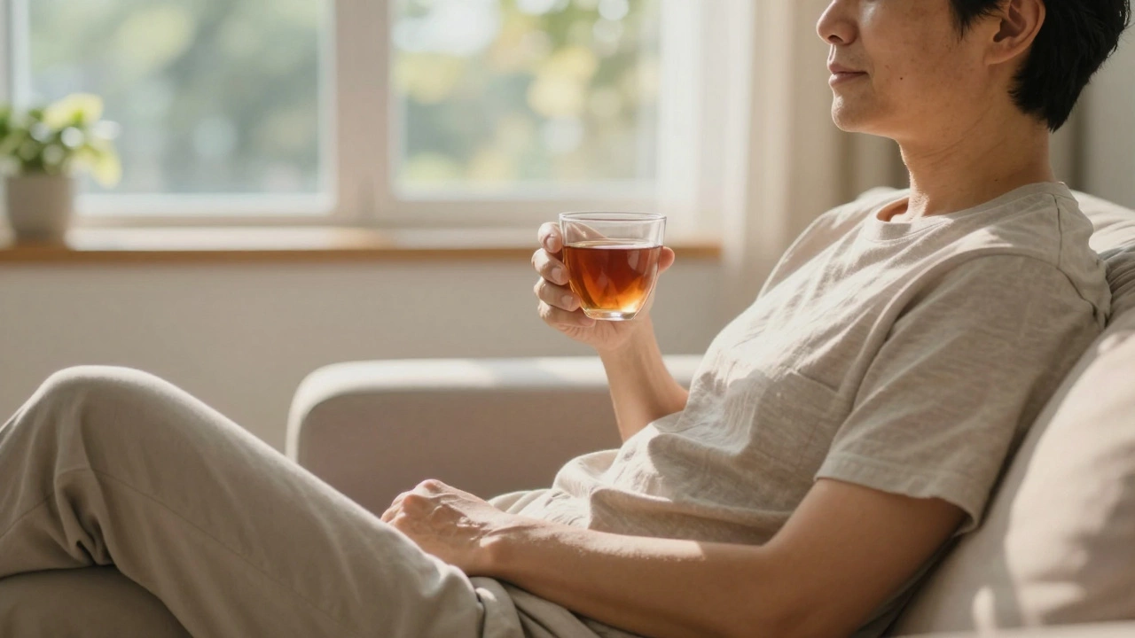 Relaxed patient recovering at home after minor outpatient surgery, enjoying peace and comfort.