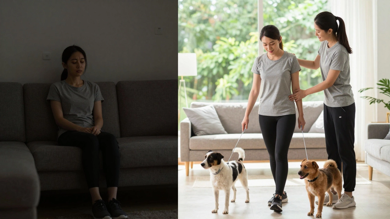 Split image contrasting passive isolation with active, supported physical rehabilitation.
