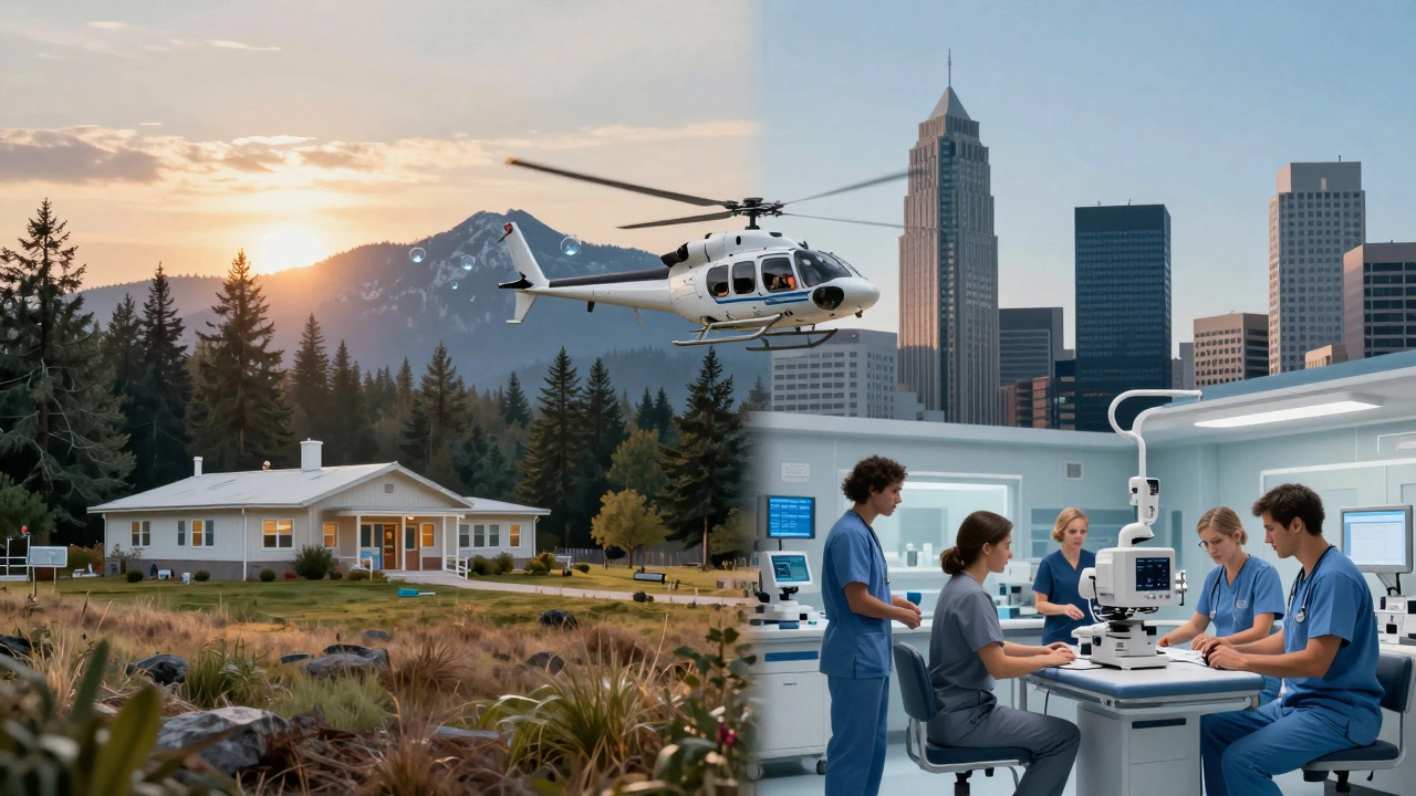 Split image showing rural mountain hospital vs busy urban medical center