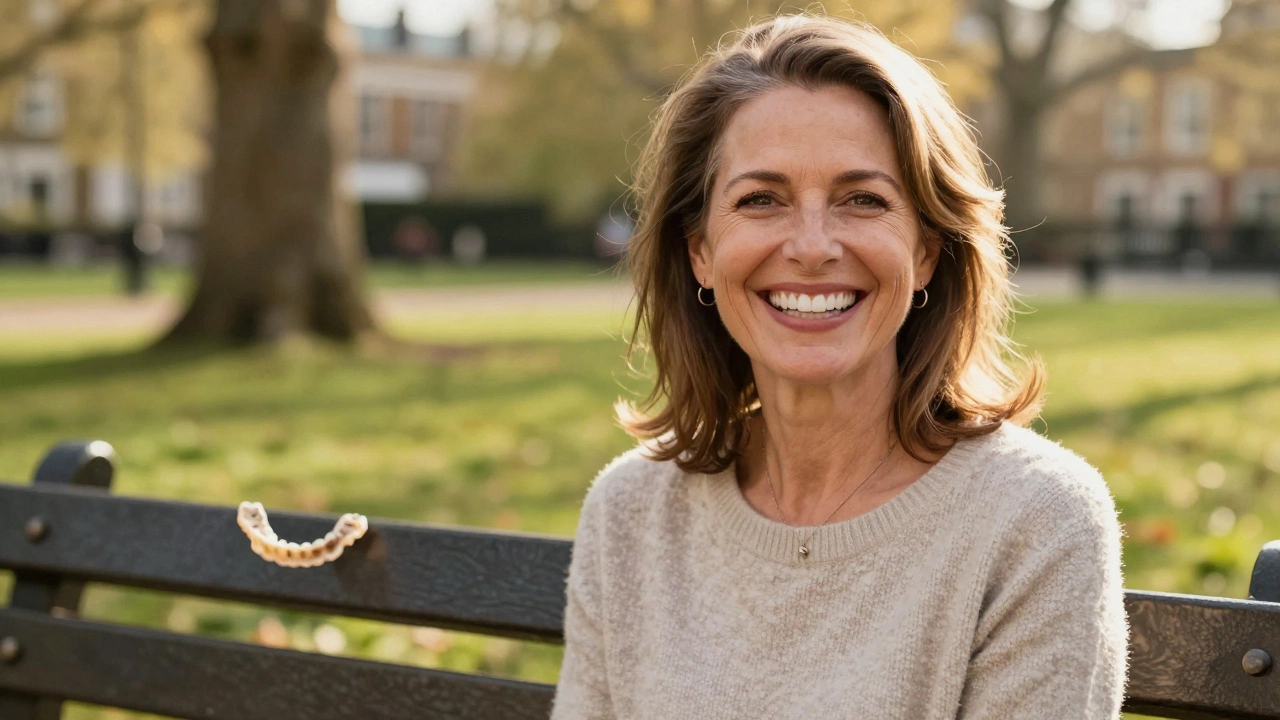 Woman smiling confidently with new teeth, old dentures discarded