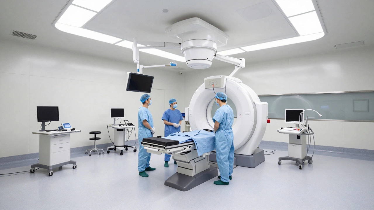 A futuristic hybrid operating room equipped with advanced imaging machinery and surgical staff.
