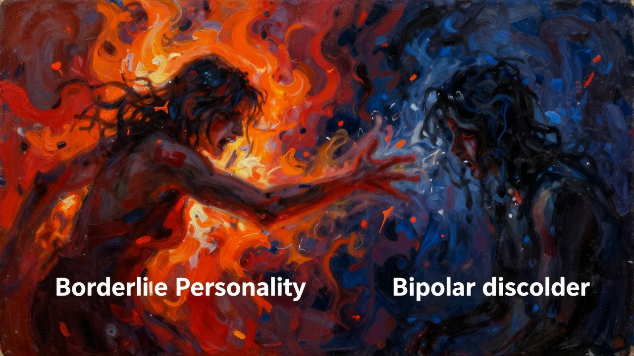 Abstract oil painting with clashing red and blue colors depicting emotional instability and turmoil.