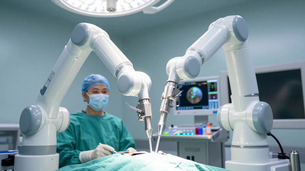 Close-up of a robotic surgical arm during a procedure, with a surgeon at a control console.