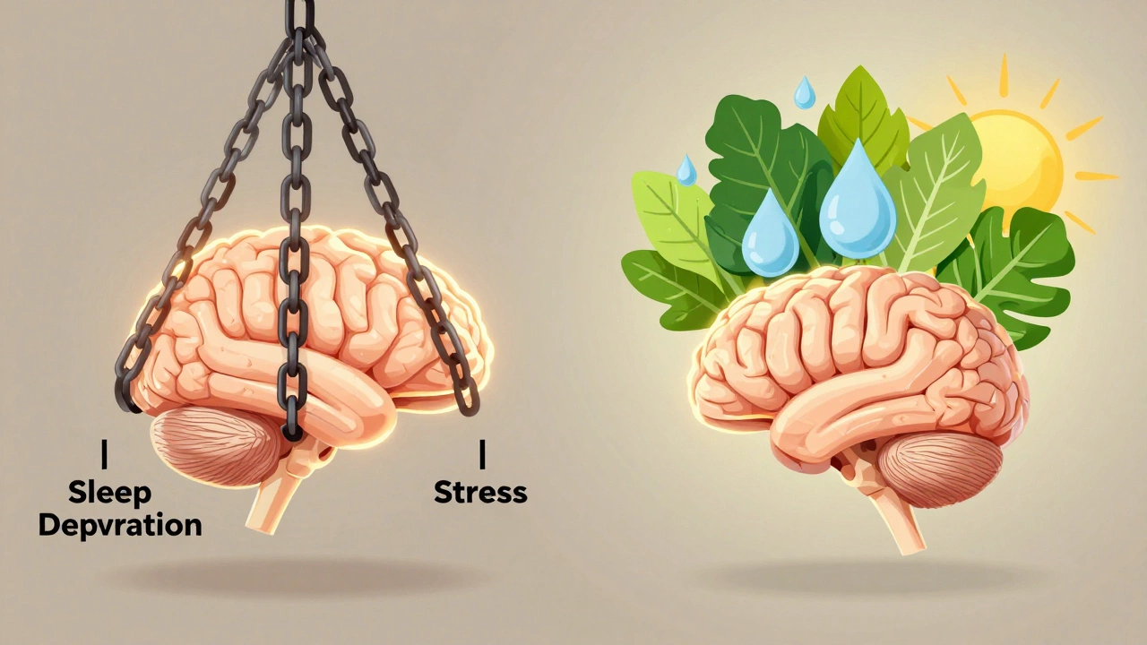 Conceptual art showing stress weighing down a brain while health lifts it up