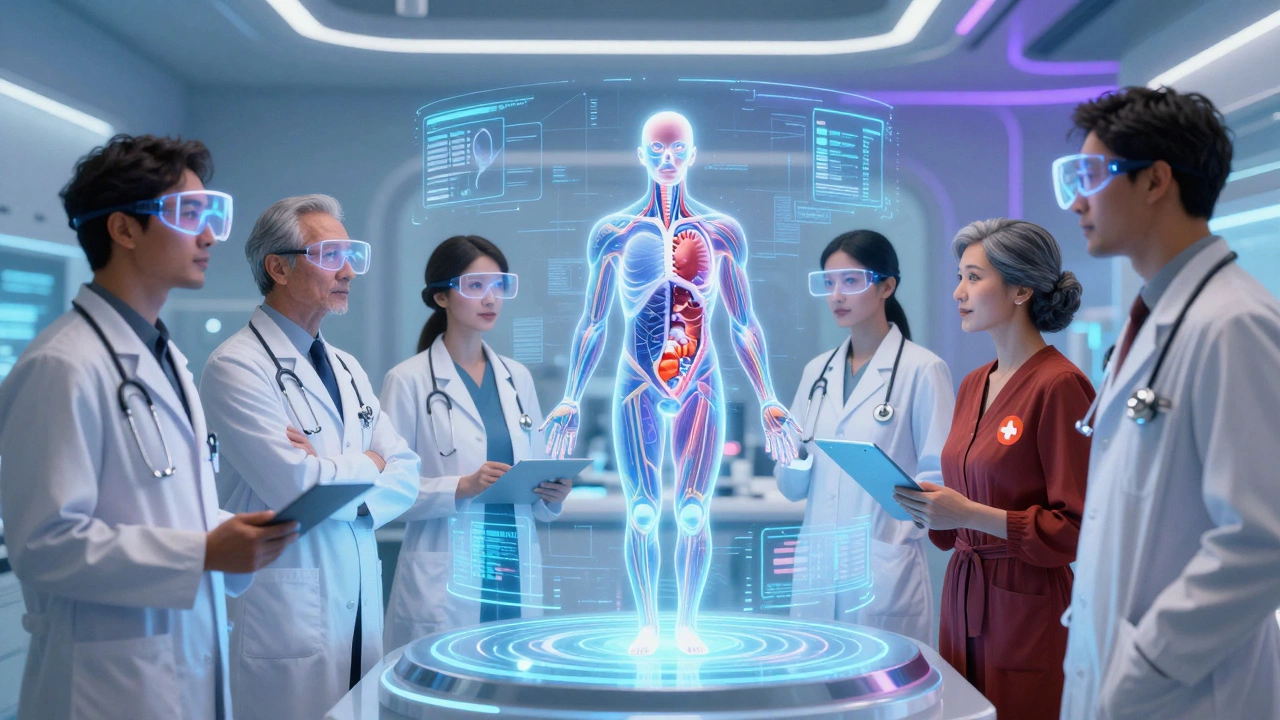 Diverse global doctors collaborating via holographic medical technology