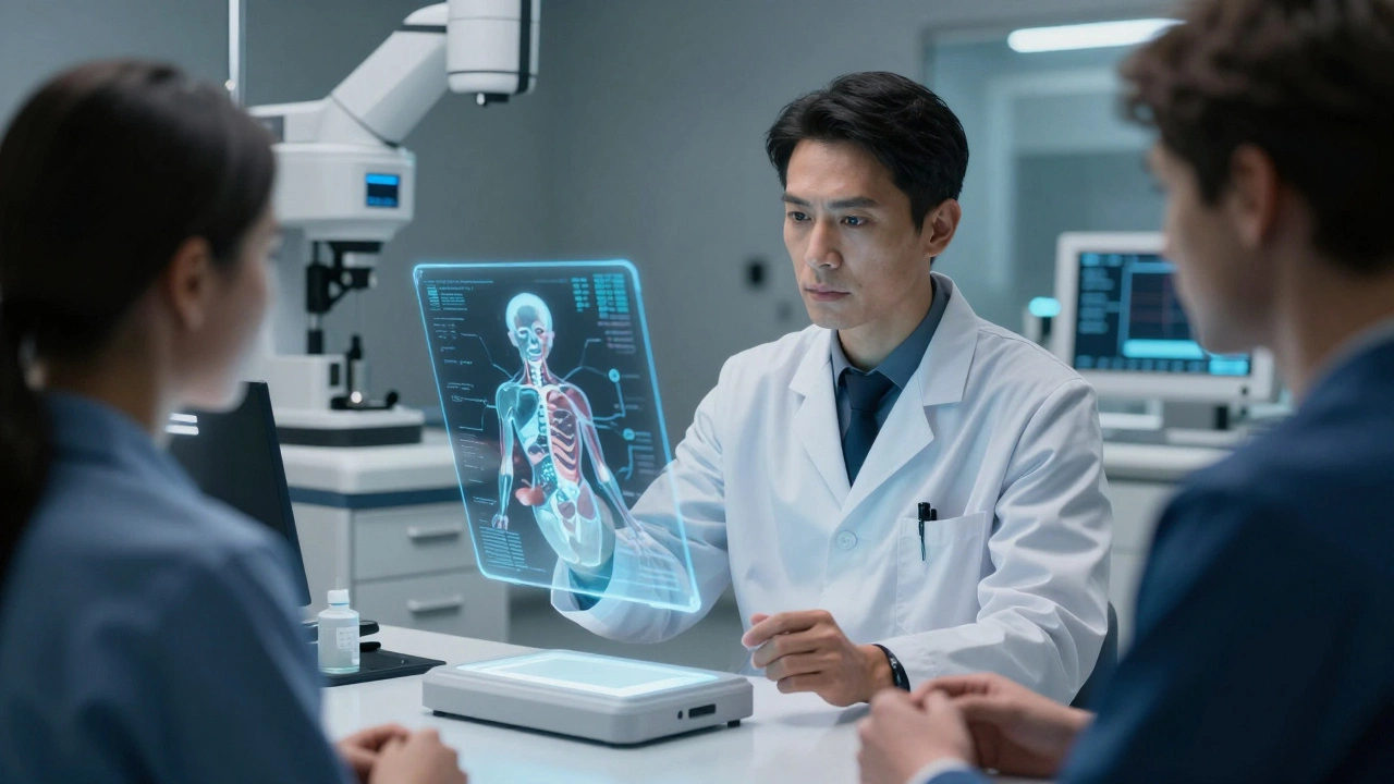 German doctor reviewing 3D anatomy model with patient in high-tech clinic