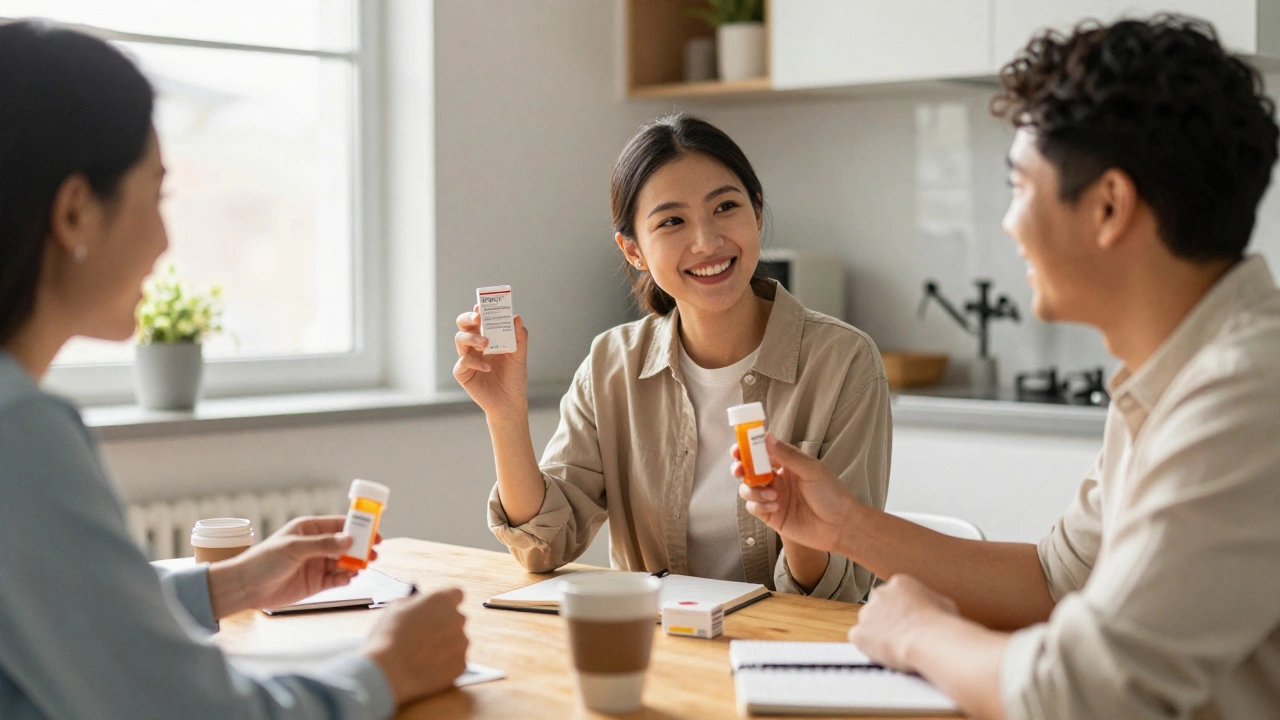 Happy family reviewing affordable generic medication boxes at a sunny kitchen table