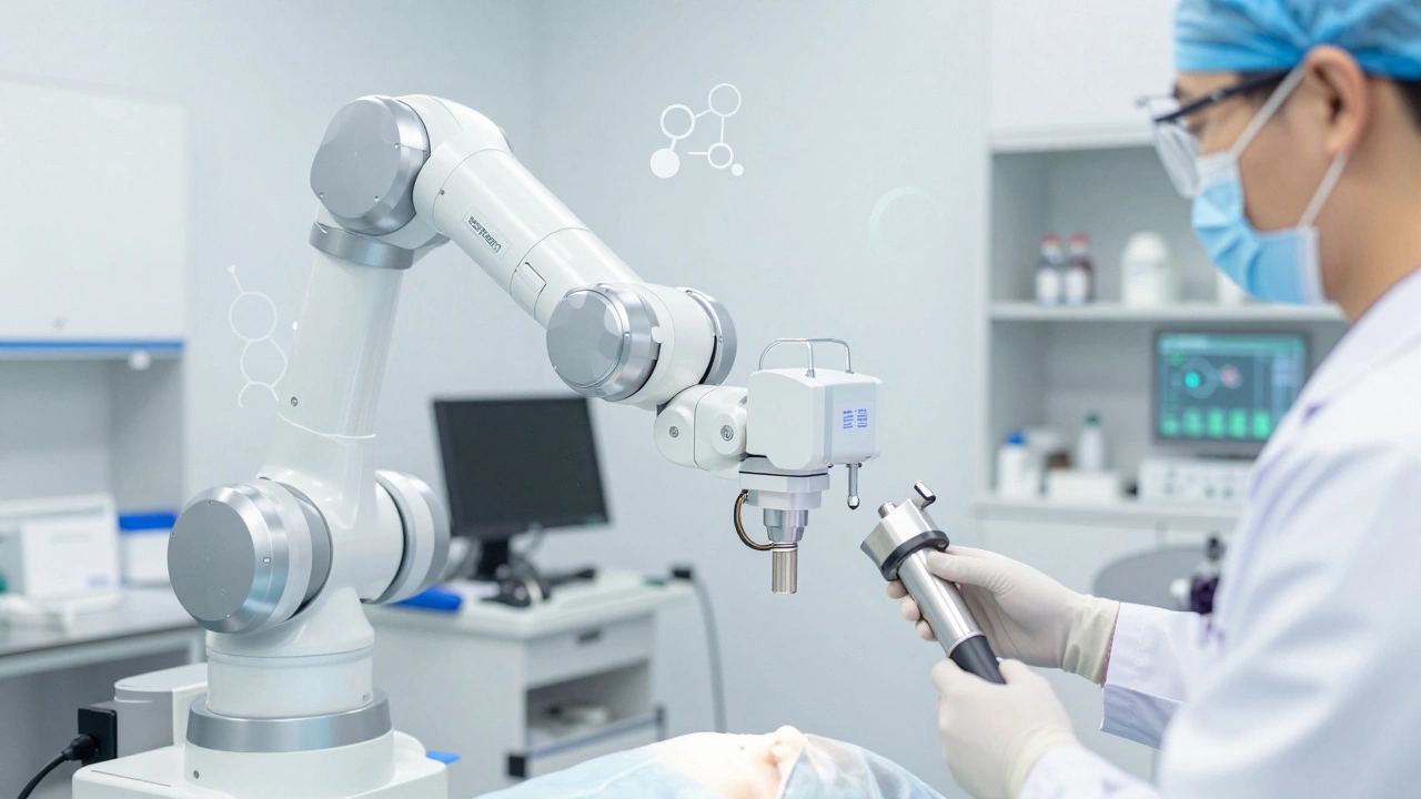 High-tech robotic surgical equipment in a US medical research lab
