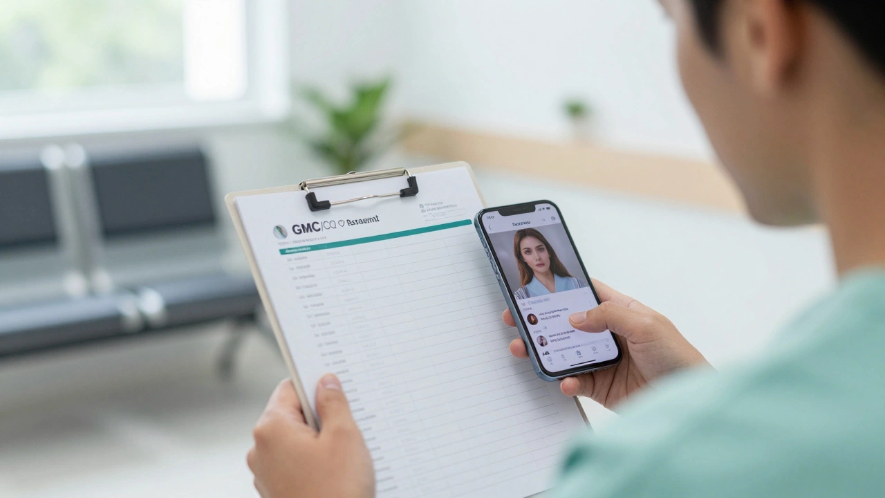 Patient comparing checklist to phone in UK clinic