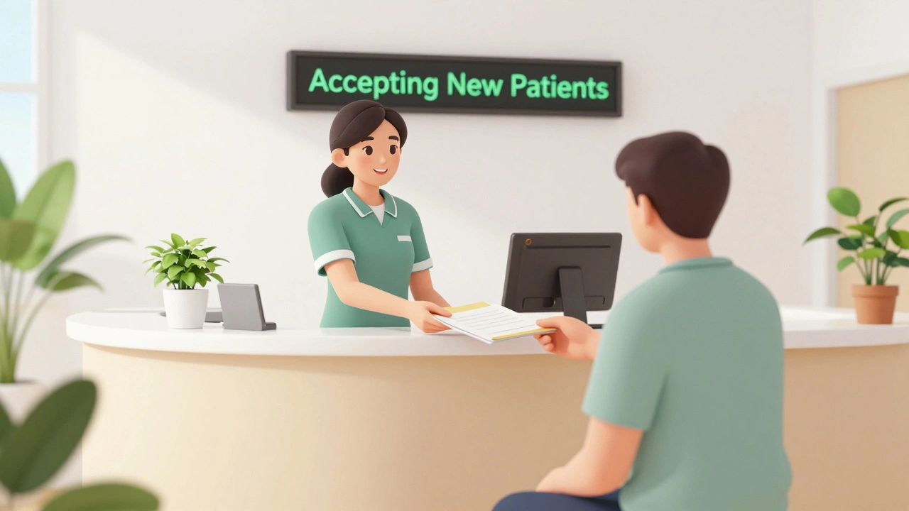 Patient receiving folder from receptionist in clinic