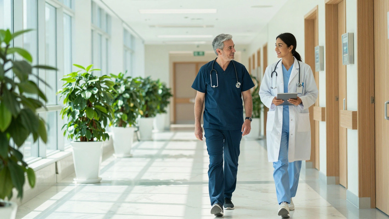 Patient walking with doctor in a modern private hospital corridor