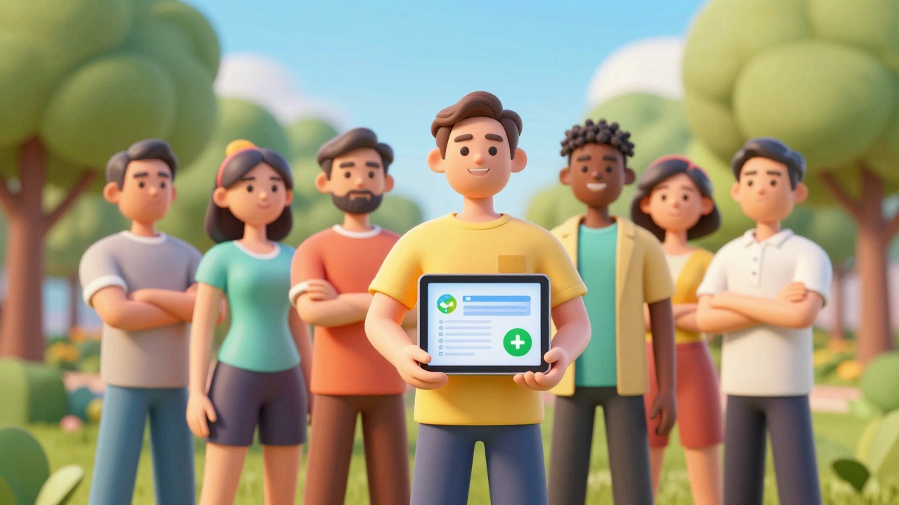 People in park using health app under sunny sky
