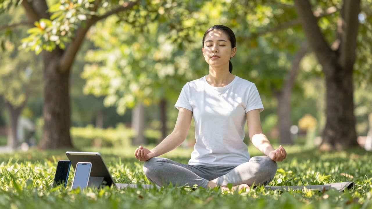 Person meditating peacefully in a sunny park away from digital distractions