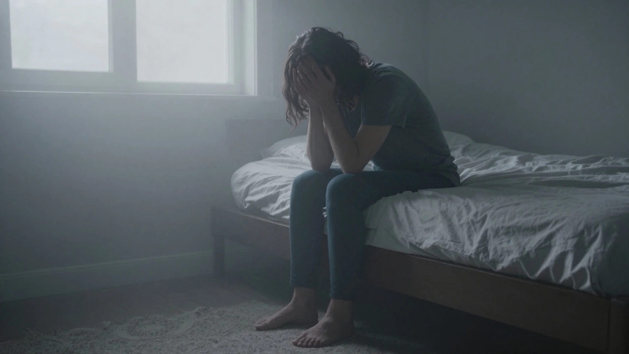 Person sitting in a foggy, dim bedroom, representing the heaviness of treatment-resistant depression.