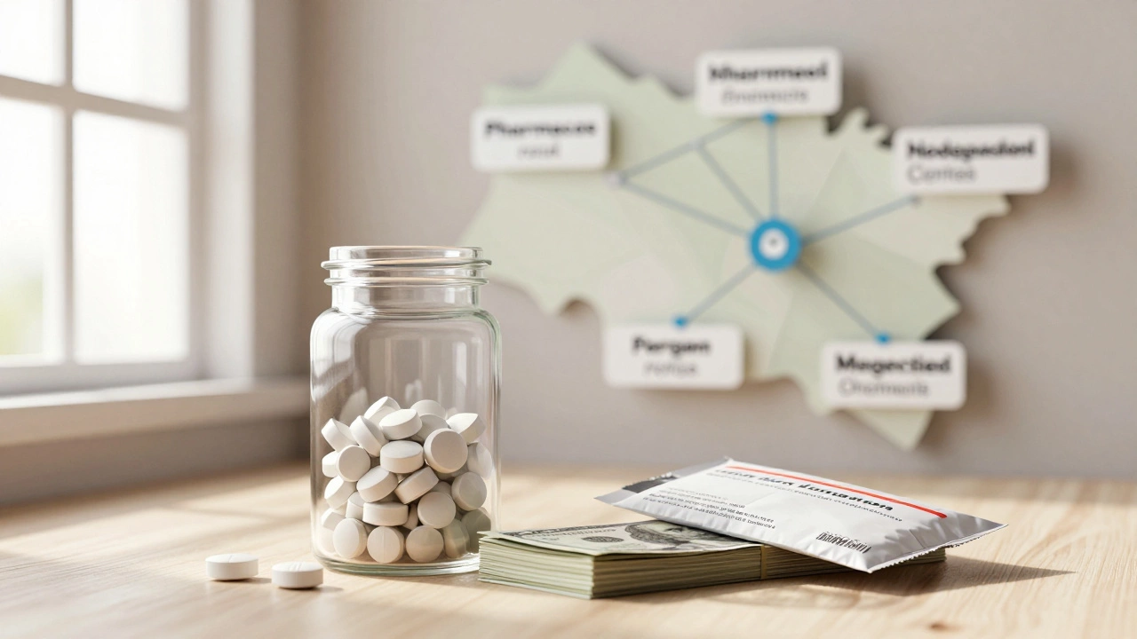 Pills, cash, and mail-order package representing savings