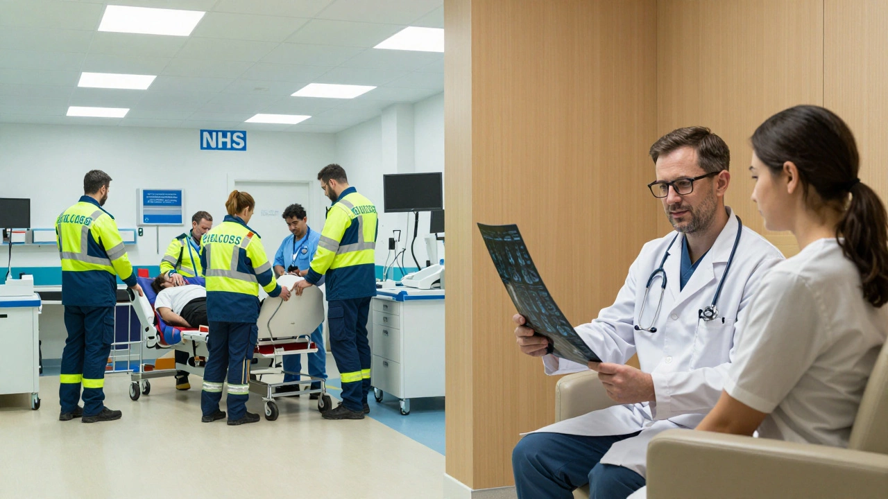 Split view contrasting busy UK ER with serene private consultation room