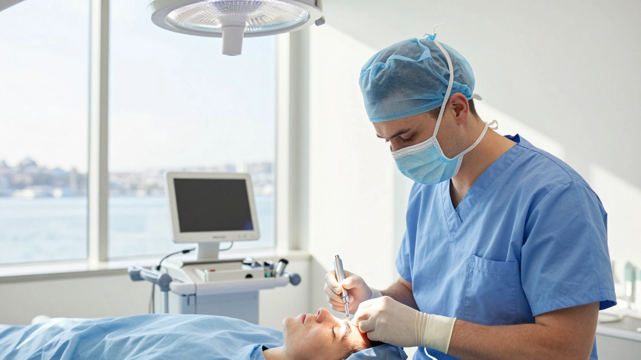 Surgeon preparing for hair transplant in an Istanbul medical clinic