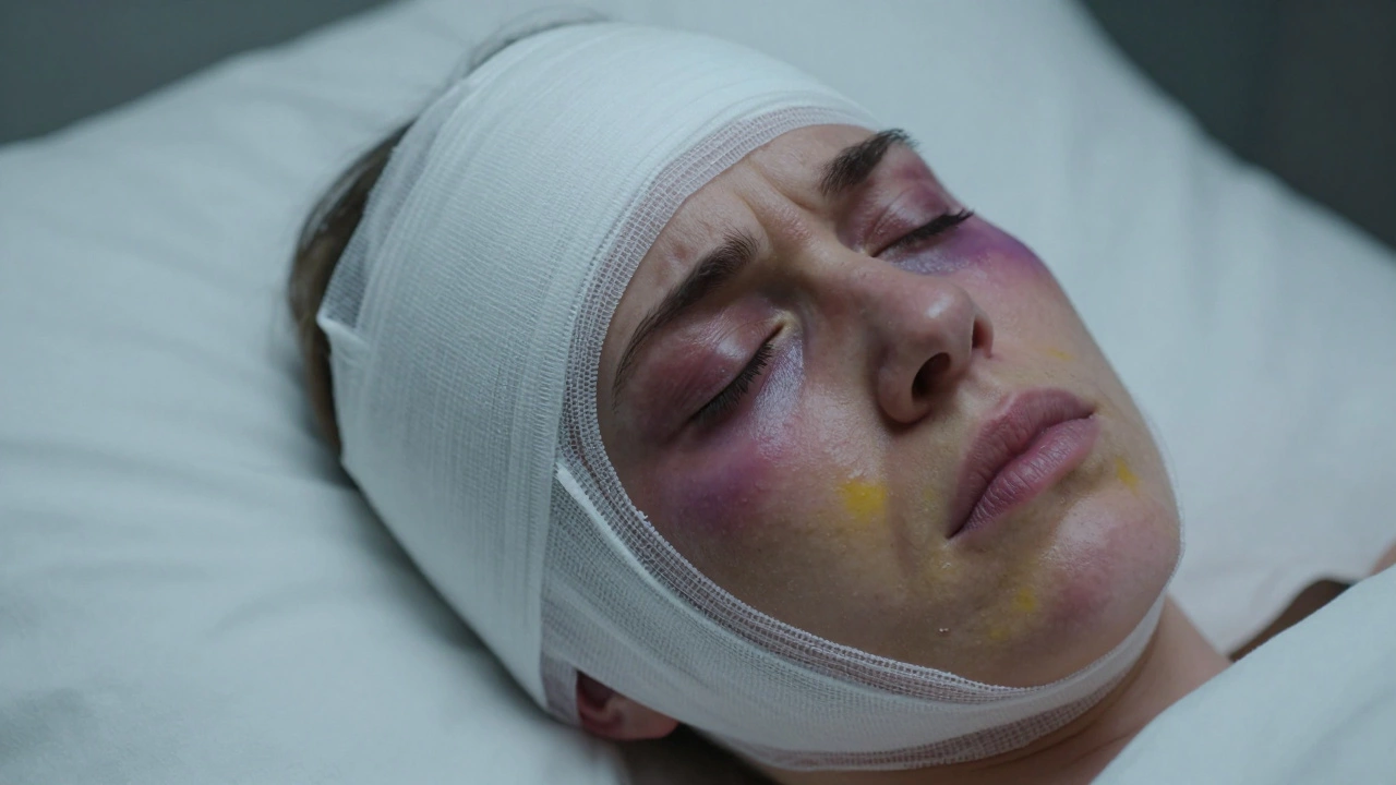 Swollen face wrapped in bandages, propped up on pillows