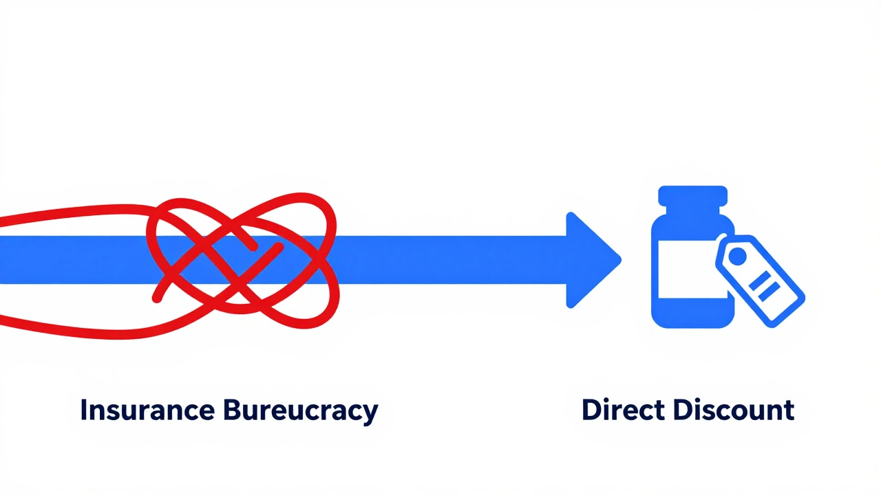 Vector graphic comparing complex insurance bureaucracy vs simple direct drug discounts