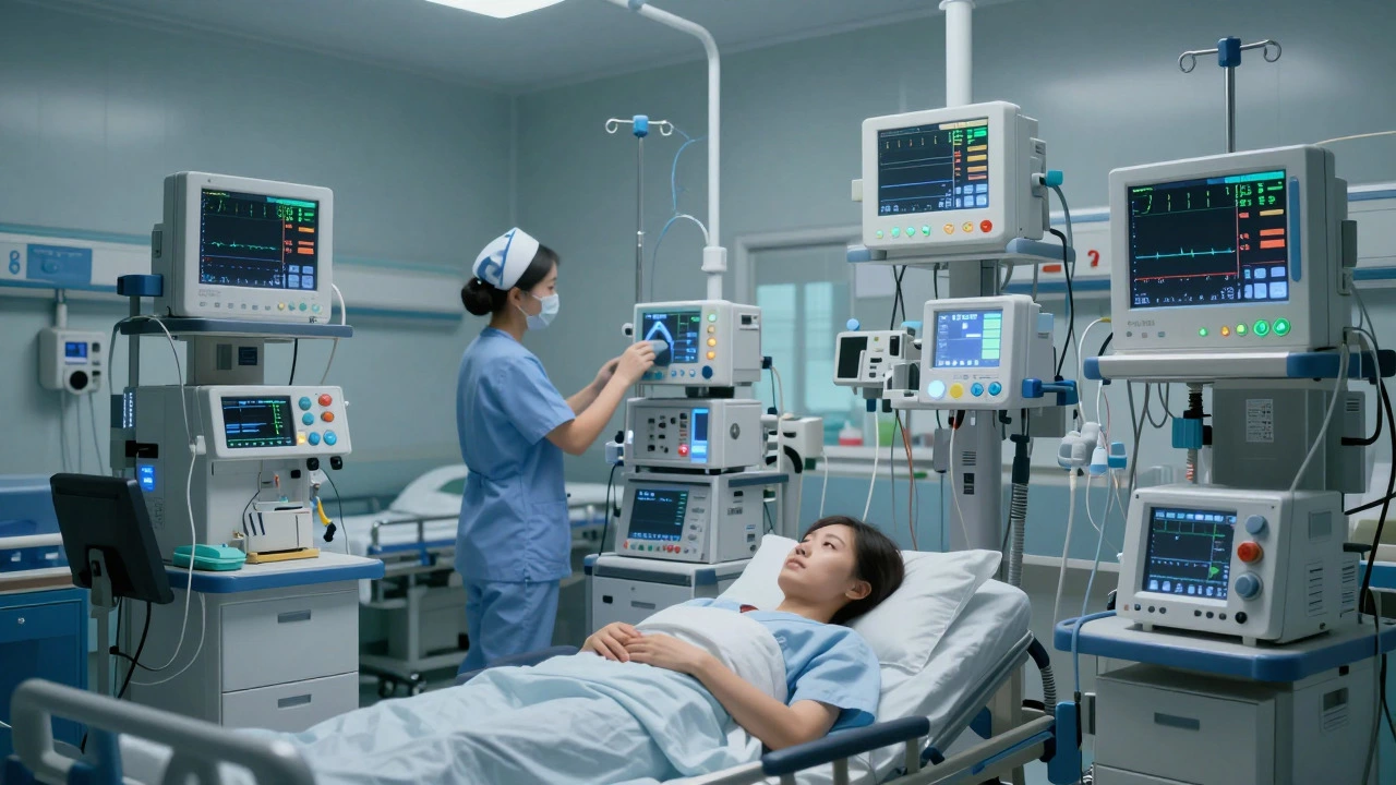Complex ICU machinery and monitors in a clinical setting