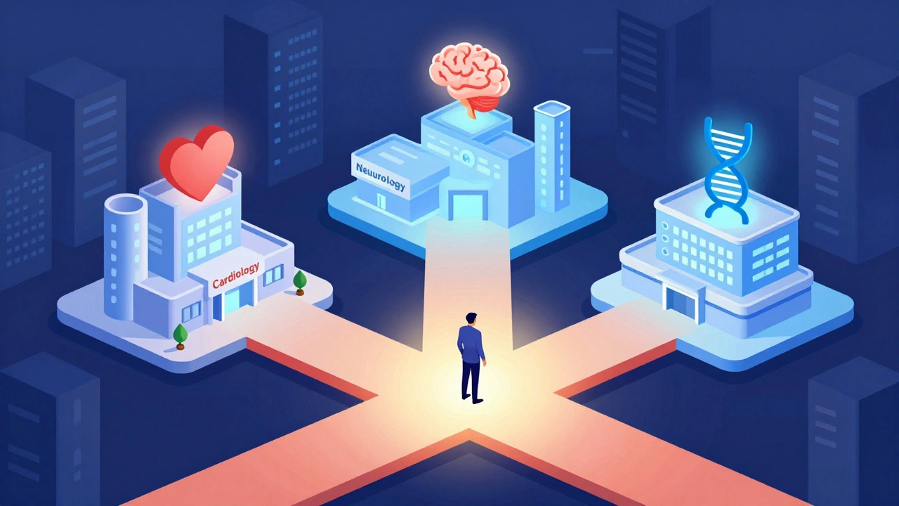 Conceptual art of a patient choosing specialized hospital paths for care
