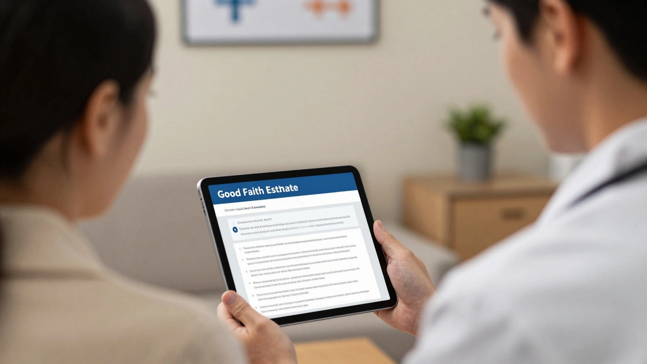 Doctor explaining cost estimates to a patient in a consultation room