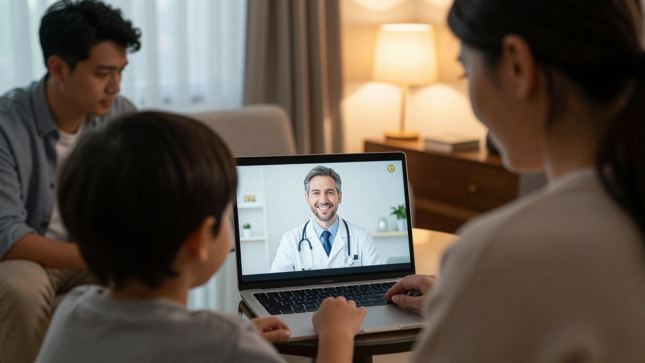 Family having a relaxed video consultation with a doctor from their living room in the evening.