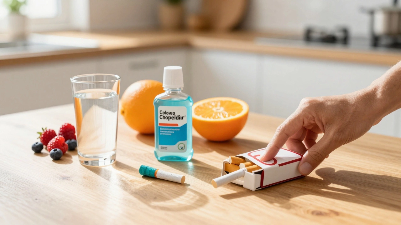 Healthy foods and mouthwash on table symbolizing dental recovery care