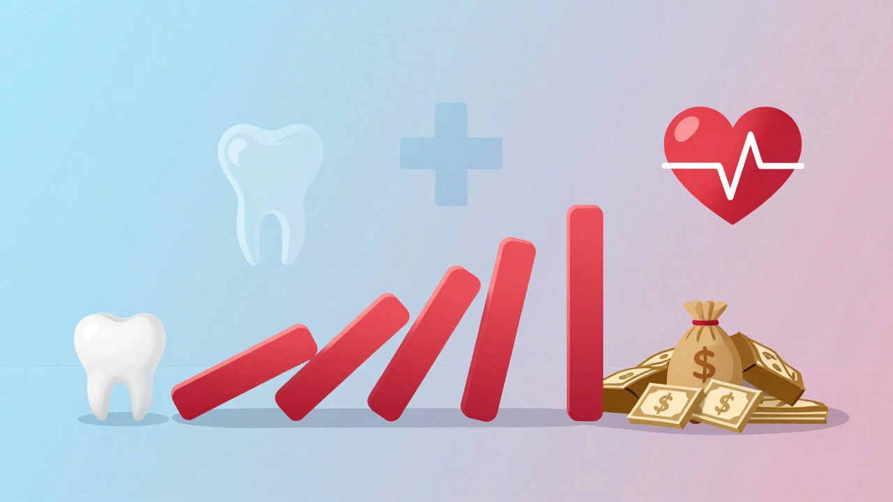 Illustration showing domino effect of ignored dental pain causing costly health issues