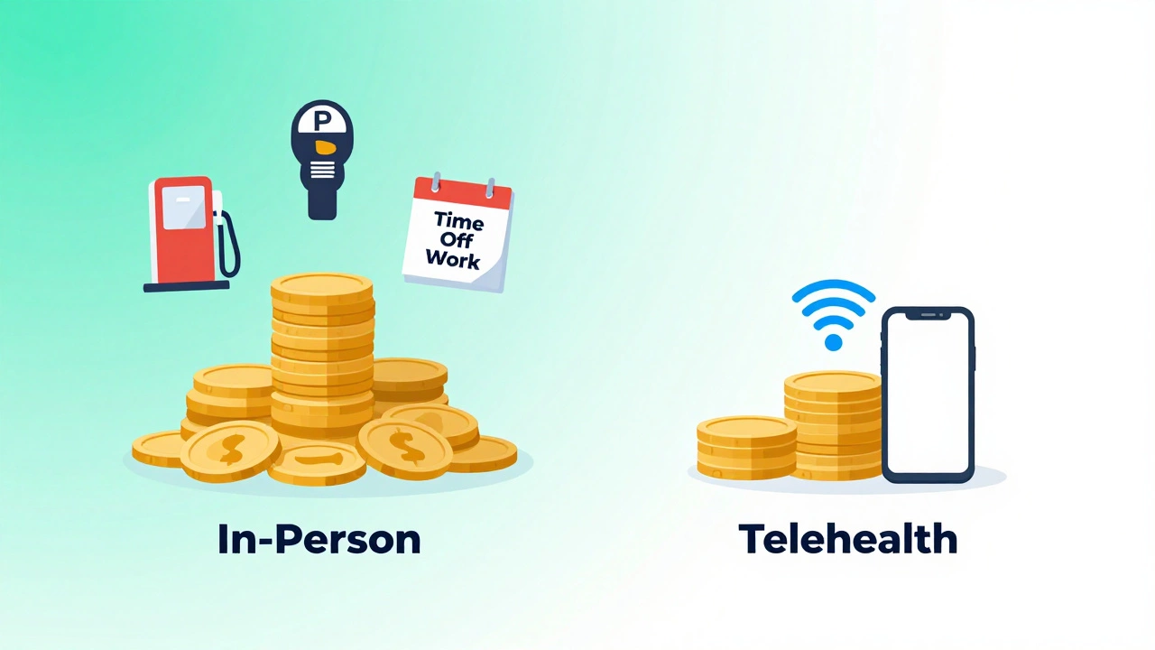 Illustration showing higher costs for in-person visits including travel and time versus cheaper telehealth.